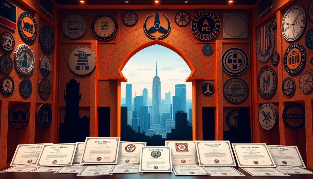 A complex architectural backdrop featuring various engineering accreditation symbols and emblems, illuminated by warm, directional lighting. In the foreground, a collection of engineering diplomas, certificates, and seals representing different accreditation bodies and programs, meticulously arranged to showcase their distinct designs and characteristics. The middle ground depicts silhouettes of academic buildings and research facilities, hinting at the academic and institutional settings where these accreditations are earned. The background blends a cityscape of towering skyscrapers and futuristic structures, symbolizing the real-world applications and impact of accredited engineering expertise.