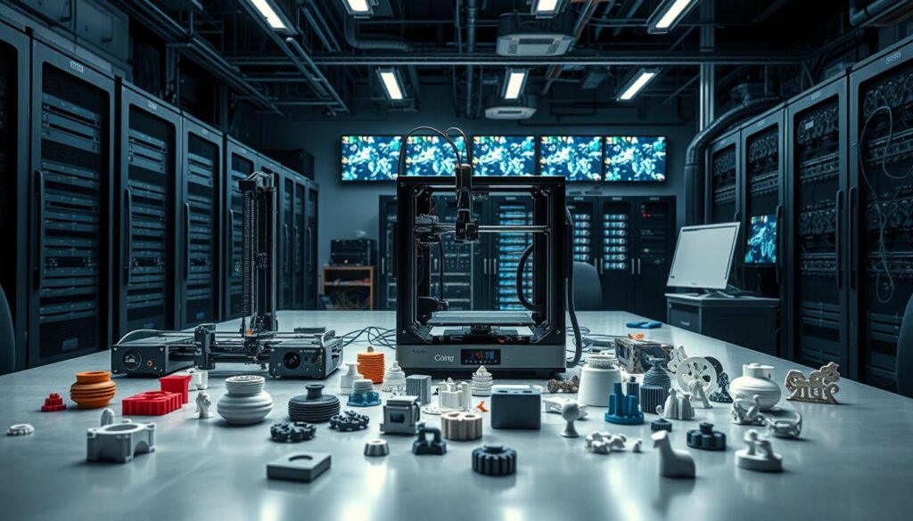 A complex array of 3D printing technologies, materials, and processes unfold in a high-tech engineering lab. In the foreground, a partially-assembled 3D printer stands on a sleek workbench, its mechanical components and extruder nozzle visible. In the middle ground, various prototypes and failed prints litter the surface, showcasing the challenges of calibration, resolution, and part adhesion. The background is filled with towering server racks, monitor displays, and intricate wiring, creating an atmosphere of cutting-edge innovation and problem-solving. Dramatic shadows and highlights, along with a cool, futuristic color palette, convey the technical nature and obstacles inherent in the 3D printing workflow.