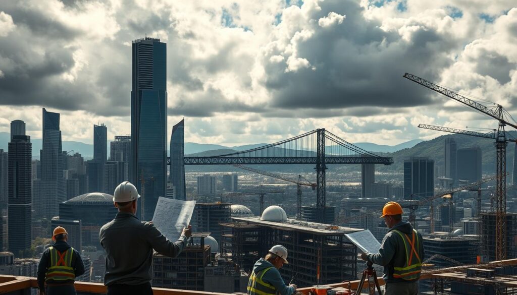 A complex cityscape with towering skyscrapers, cranes, and construction sites, set against a backdrop of rolling hills and a dramatic cloudy sky. In the foreground, civil engineers grapple with intricate blueprints, surveying equipment, and safety gear, navigating the challenges of urban development. The middle ground features a partially constructed bridge, its steel beams and girders rising above the bustling scene. The lighting is sharp and contrasty, emphasizing the dynamism and tension of the environment. The overall mood is one of determination and problem-solving, capturing the essence of the civil engineering profession.