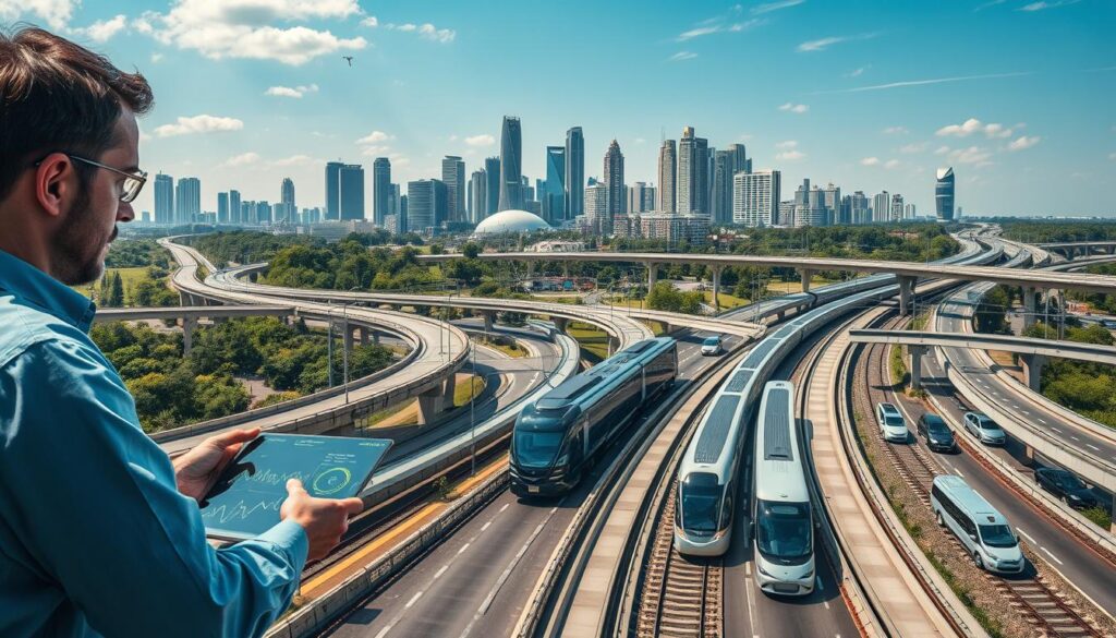 A complex interconnected network of roadways, railways, and infrastructure, meticulously managed to optimize transportation efficiency. In the foreground, a team of transportation engineers analyze data on digital displays, their expressions focused as they strategize solutions. The middle ground features an array of modern vehicles - sleek electric cars, high-speed trains, and autonomous shuttles - navigating a well-designed urban landscape. In the background, towering skyscrapers, verdant parks, and a clear blue sky create a vision of a sustainable, technologically-advanced transportation system. Cinematic lighting illuminates the scene, casting dramatic shadows and highlights that convey the importance and innovation of transportation asset management.