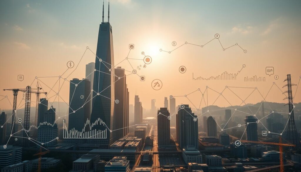 A complex network of financial instruments, bonds, and investment flows converge against a backdrop of towering skyscrapers and a bustling urban landscape. Sunlight filters through a hazy sky, casting long shadows and a sense of tension. In the foreground, intricate graphs, charts, and data visualizations hover, symbolizing the intricacies of infrastructure financing. The composition is balanced, with a mix of geometric shapes and organic forms, conveying the delicate balance between public and private sector investment. The overall mood is one of contemplation and challenge, hinting at the difficulties faced in securing funding for critical infrastructure projects.