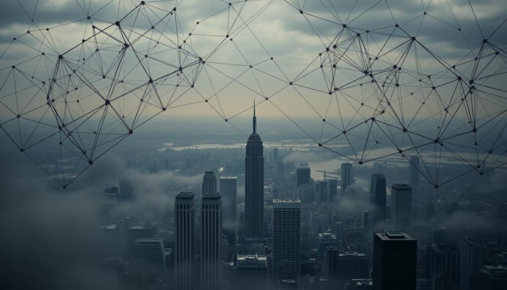 A complex network of interconnected policies and regulations, casting a shadow over a bustling cityscape. In the foreground, abstract geometric shapes representing government bureaucracy, hazy and obscuring the view. In the middle ground, towering skyscrapers and infrastructure, symbolic of the systems they govern. The background is a moody, atmospheric landscape, with a distant horizon and muted colors, suggesting the far-reaching impact of these regulatory frameworks. Dramatic lighting from above creates a sense of weight and importance, while a shallow depth of field keeps the focus on the central elements. The overall mood is one of complexity, density, and the intricate balance between progress and control.