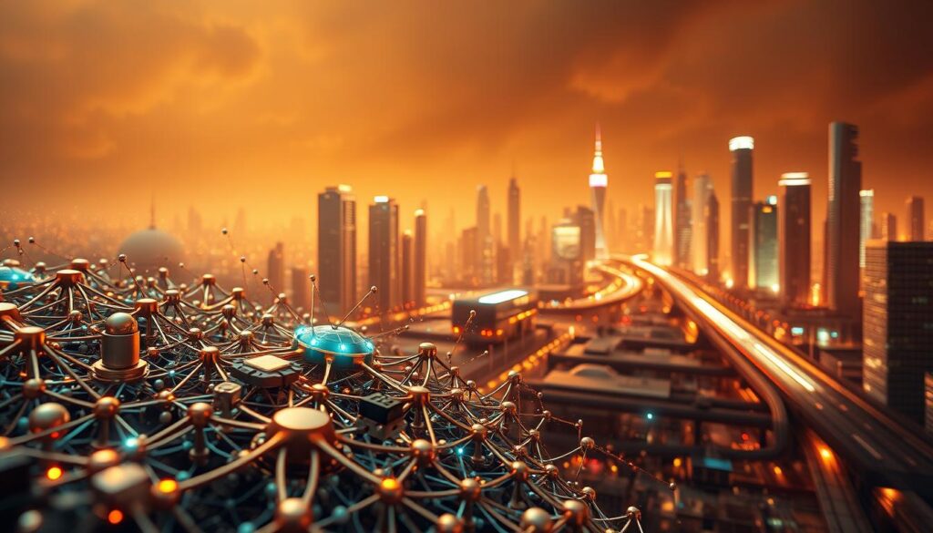 A complex network of nanoscale structures, resembling a futuristic circuit board, dominates the foreground. Intricate patterns of metallic components and glowing energy conduits intertwine, hinting at the immense potential of nanotechnology. In the middle ground, various applications come into focus - a miniaturized medical sensor, a cutting-edge nanorobot, and a nanoscale energy storage device. The background showcases a dreamlike cityscape, where towering skyscrapers and advanced transportation systems seamlessly integrate nanotechnology, signifying the transformative impact it will have on engineering and infrastructure. Warm, diffused lighting casts a sense of wonder and awe, capturing the challenges and possibilities of this revolutionary field.