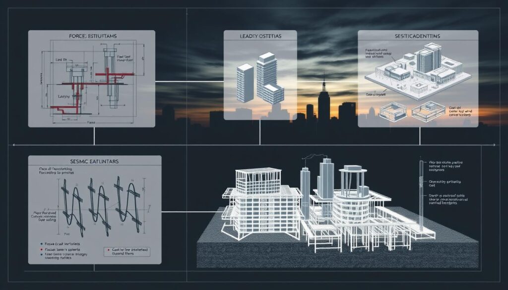 A complex schematic diagram depicting the key elements of seismic design criteria. In the foreground, precise engineering diagrams showcase the structural considerations for earthquake-resistant construction, including force vectors, load paths, and damping systems. In the middle ground, detailed 3D renderings illustrate the interplay of materials, foundations, and architectural forms. The background features a moody, atmospheric cityscape silhouetted against a darkening sky, hinting at the real-world applications of these advanced seismic engineering principles. Rendered with a technical, blueprint-like aesthetic using muted tones and high-contrast lighting to convey the gravity and importance of the subject matter.
