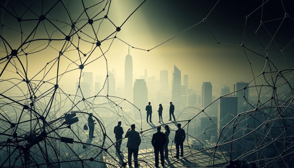A complex web of interconnected technology standards, each with its own specialized protocols and guidelines, fills the foreground. In the middle ground, industry experts and policymakers gather, deep in discussion, navigating the intricate landscape. The background is a hazy, futuristic cityscape, symbolizing the ever-evolving technological landscape and the challenges of keeping up with rapid advancements. Dramatic lighting casts long shadows, highlighting the gravity of the task at hand. The overall scene conveys the complexity and importance of mastering technology standards in the United States.