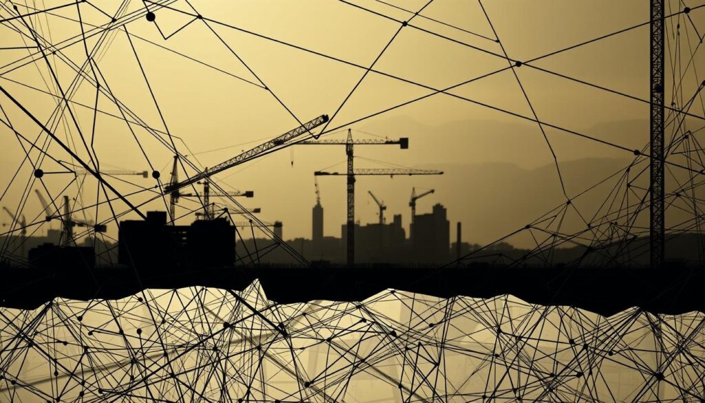 A complex web of intersecting lines and geometric shapes, representing the various factors that contribute to estimation errors in civil engineering projects. The foreground features a tangled mess of overlapping graphs, charts, and calculations, conveying the challenges of precise costing. The middle ground showcases a silhouetted construction site, with cranes and scaffolding casting long, dramatic shadows. The background is a hazy, atmospheric landscape, evoking the uncertainty and unpredictability that can plague even the most meticulous estimation efforts. The lighting is dramatic, with shadows and highlights emphasizing the angular, technical nature of the scene. The overall mood is one of contemplation and problem-solving, inviting the viewer to delve into the complexities of cost estimation in the civil engineering field.