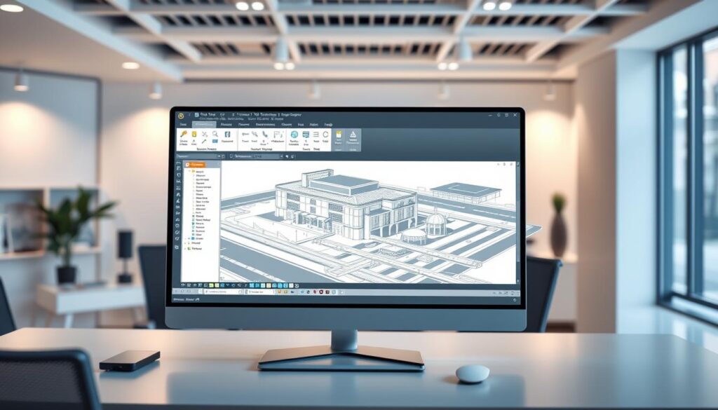 A comprehensive Revit design project setup with a meticulously organized interface. In the foreground, a Revit window displays a 3D model of a civil engineering project, showcasing precise architectural elements and detailed infrastructure. The middle ground features a toolbar with various Revit tools and commands, allowing for seamless navigation and customization. The background depicts a clean, well-lit office environment, with subtle ambient lighting illuminating the workspace. The overall atmosphere conveys a sense of professionalism, attention to detail, and a streamlined design workflow, perfectly suited for a civil engineering project.