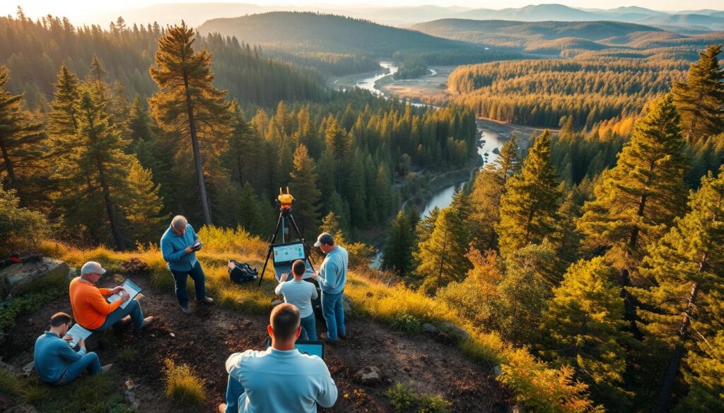 A comprehensive aerial view of a forested landscape, with a team of environmental scientists using advanced GIS software on laptops and tablets to analyze data and map environmental features. In the foreground, a group inspects soil samples, while in the middle ground, survey equipment and drones capture aerial imagery. The background showcases the natural environment, with towering trees, winding streams, and rolling hills, all bathed in warm, golden-hour lighting. The scene conveys the intersection of technology and nature, highlighting the critical role of GIS in informing environmental impact assessments and infrastructure planning.