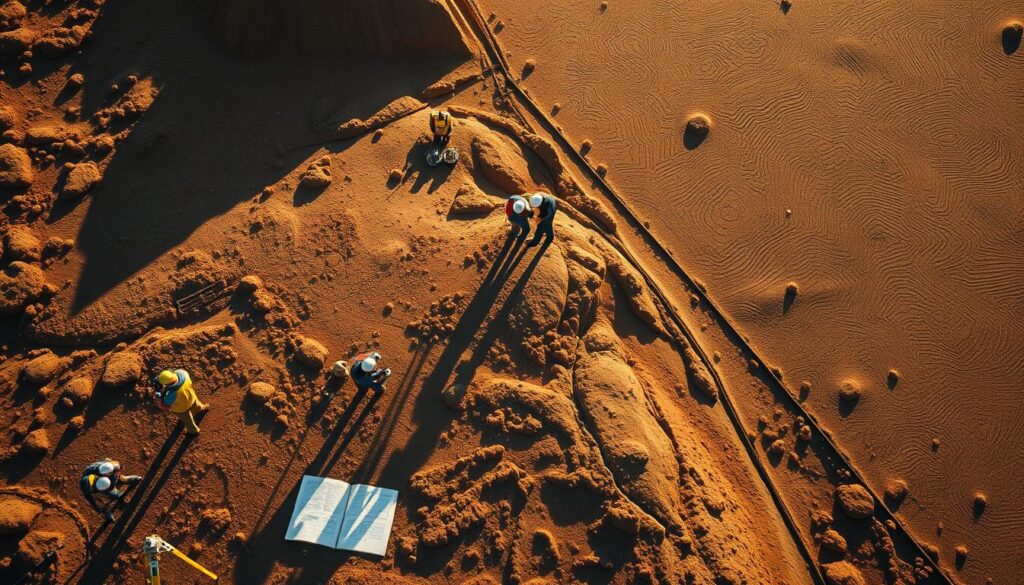 A comprehensive geotechnical site investigation, captured in a stunning aerial perspective. In the foreground, a team of surveyors meticulously measure and map the terrain, their instruments casting long shadows. The middle ground showcases various soil sampling techniques, with engineers extracting core samples and performing in-situ tests. In the background, a detailed topographical survey unfolds, with contour lines and elevation data overlaid on a high-resolution satellite image. The scene is bathed in warm, golden light, conveying a sense of diligence and care in the process of understanding the site's unique characteristics. The overall mood is one of technical precision and environmental awareness, setting the stage for a successful project.