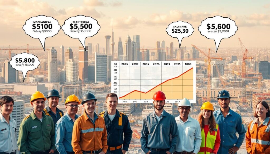 A comprehensive scene depicting the salary expectations across various engineering fields. In the foreground, a diverse group of engineers in different uniforms and roles, each with a thought bubble displaying a range of salaries. In the middle ground, a graph showcasing the average salaries for mechanical, electrical, civil, and software engineering. The background features a cityscape with skyscrapers, factories, and construction sites, symbolizing the breadth of the engineering industry. The lighting is warm and inviting, conveying a sense of opportunity and prosperity within the field. The camera angle is slightly elevated, providing an encompassing view of the scene.