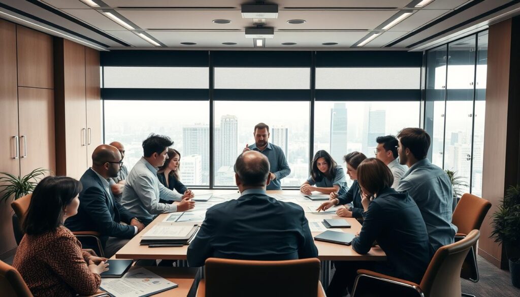 A conference room filled with a diverse group of professionals engaged in active discussion. In the foreground, a team of executives and engineers gathered around a large table, their faces animated as they collaborate on project schematics and diagrams. In the middle ground, a facilitator stands, guiding the conversation with a calm, authoritative presence. The background is softly lit, with a large window overlooking a bustling cityscape, symbolizing the global nature of the endeavor. Warm, earthy tones and clean, modern furnishings create an atmosphere of professionalism and innovation.