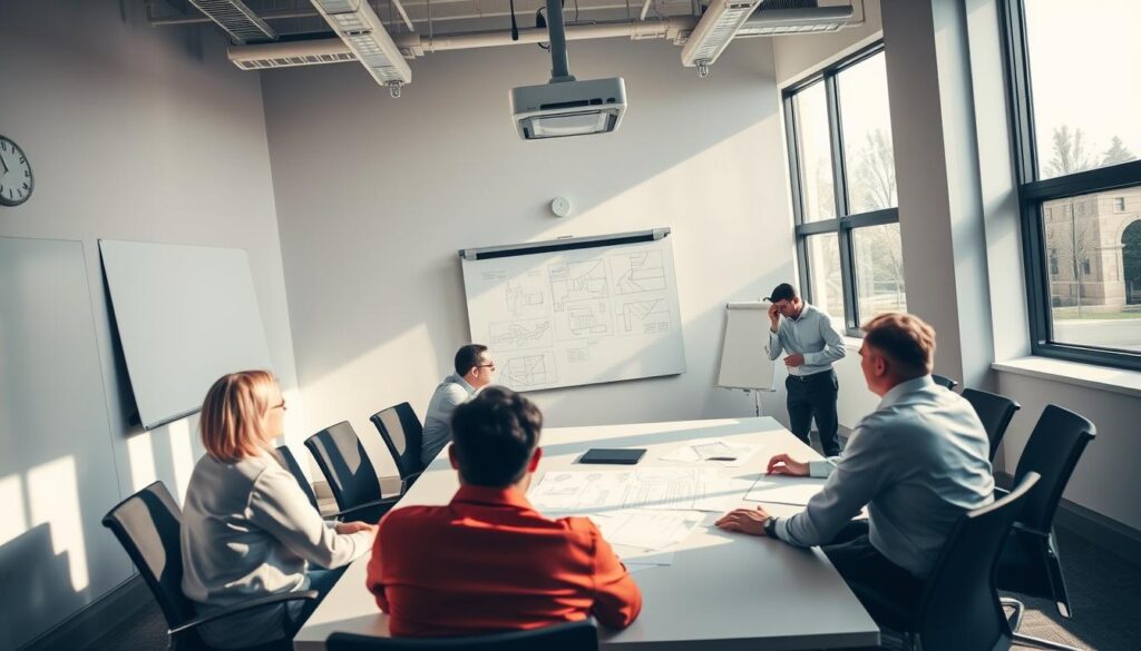 A conference room with a large table, surrounded by chairs, an overhead projector, and a whiteboard. Sunlight streams in through large windows, casting a warm glow on the scene. A team of engineers is gathered around the table, intently reviewing project plans and diagrams displayed on the whiteboard. The atmosphere is focused and collaborative, as they finalize the details of their engineering project. The lighting is soft and natural, capturing the serious yet productive mood of the meeting. The camera angle is slightly elevated, giving a bird's-eye view of the proceedings, emphasizing the sense of teamwork and collective effort.