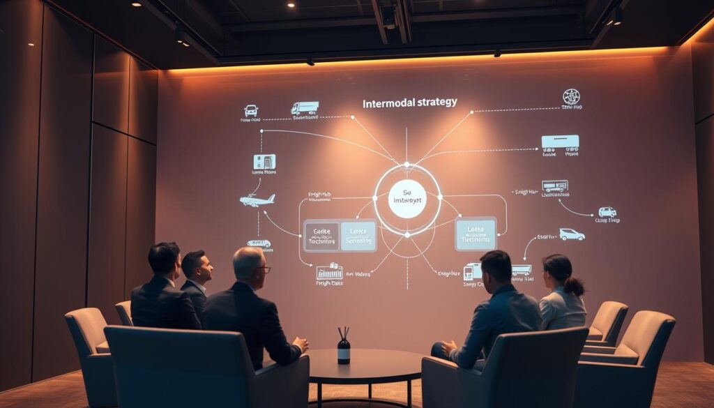 A conference room with an intermodal strategy diagram projected on the wall. Executives discuss logistics options, connected via a virtual network. Warm lighting casts a professional atmosphere. Sleek modern furniture, minimalist decor. Holographic visualizations of transportation routes, freight hubs, and supply chain touchpoints. A sense of collaborative problem-solving to streamline intermodal operations.