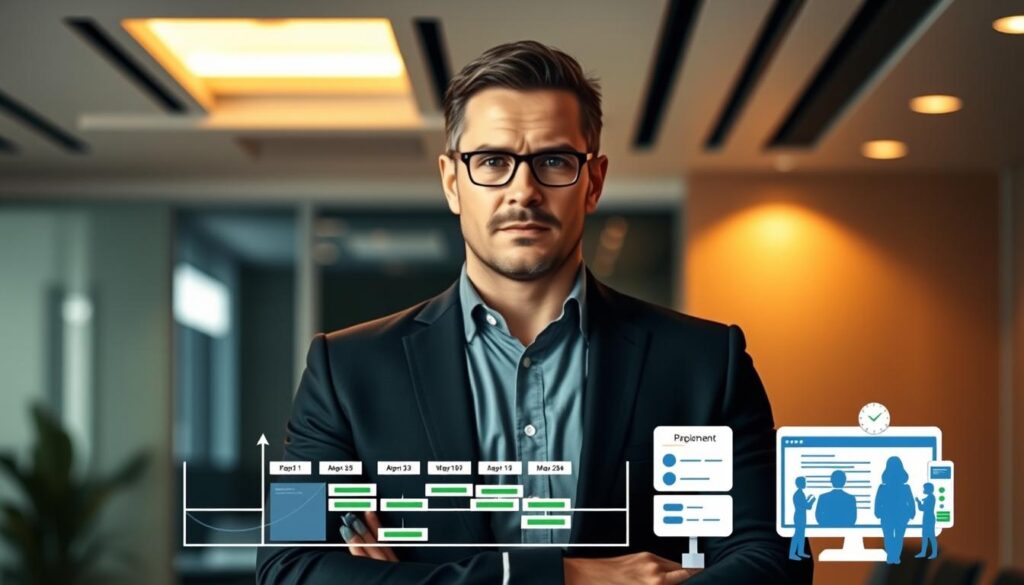 A confident and charismatic project manager stands tall, their gaze focused and determined. Behind them, a sleek, modern office environment with clean lines and geometric shapes sets the scene. Warm, directional lighting casts a subtle glow, highlighting the manager's authoritative presence. In the foreground, a stylized project timeline, Gantt chart, and team collaboration tools convey the manager's essential skills - organization, communication, and strategic thinking. The overall composition exudes a sense of leadership, professionalism, and a passion for guiding projects to success.
