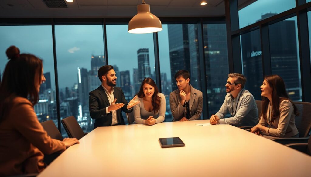 A confident project manager leading a collaborative team meeting. Warm overhead lighting illuminates the scene, creating a focused and productive atmosphere. In the foreground, the manager stands at the head of a sleek, minimalist conference table, gesturing expressively as they address their attentive colleagues. In the middle ground, the team members lean in, engaged in lively discussion, their faces reflecting deep thought and problem-solving. The background features floor-to-ceiling windows overlooking a bustling cityscape, symbolizing the manager's ability to navigate complex business environments. The overall composition conveys the essential role of clear, effective communication in guiding a project to success.