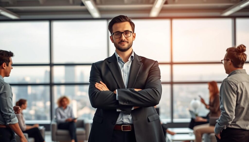 A confident project manager standing in a well-lit office, surrounded by team members engaged in lively discussions. The manager's pose exudes authority and composure, their gaze focused and determined. The background features a sleek, modern workspace with minimalist furniture and large windows offering a panoramic view of the city skyline. Soft, diffused lighting casts a warm, professional atmosphere, emphasizing the manager's leadership qualities and their ability to effectively measure team performance.
