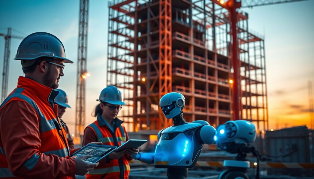 A construction site at dusk, illuminated by warm, golden lighting. In the foreground, a team of engineers use tablets and wearable devices to monitor safety metrics and real-time data. In the middle ground, an AI-powered robot assistant conducts inspections, flagging potential hazards. In the background, a building takes shape, its structural integrity analyzed by advanced algorithms. The scene conveys a harmonious collaboration between human expertise and advanced technology, working together to enhance safety and productivity in civil engineering.