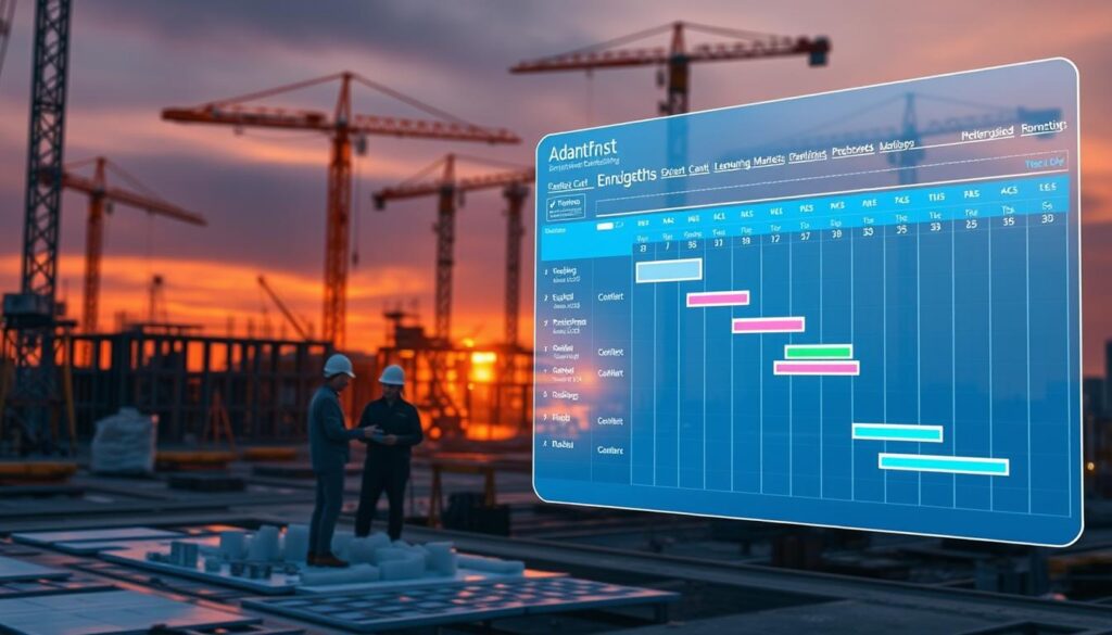 A construction site at dusk, warm orange-tinted lighting illuminates a civil engineering project in progress. In the foreground, a Gantt chart projected onto a holographic display showcases the project's adaptable scheduling, with dynamic elements shifting and rearranging. In the middle ground, engineers in hard hats collaborate around a 3D model, discussing changes and adjustments to the plan. In the background, cranes tower over the site, casting long shadows as they move materials and equipment. The scene conveys a sense of organized complexity, where adaptability and collaboration are essential for successful project planning.