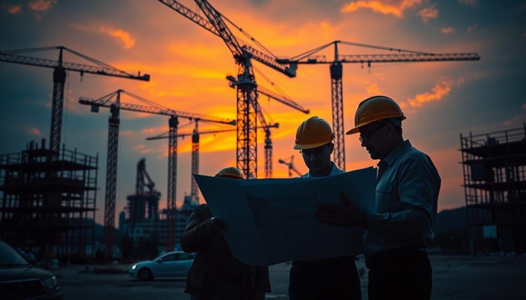 A construction site at dusk, with cranes and scaffolding silhouetted against a vibrant orange sky. In the foreground, a team of construction managers pore over blueprints and documents, deep in discussion about risk mitigation strategies. The scene is bathed in warm, directional lighting, casting dramatic shadows that convey a sense of careful planning and analysis. In the background, workers move with purpose, underscoring the need for proactive risk management to ensure the successful completion of this high-stakes international project.