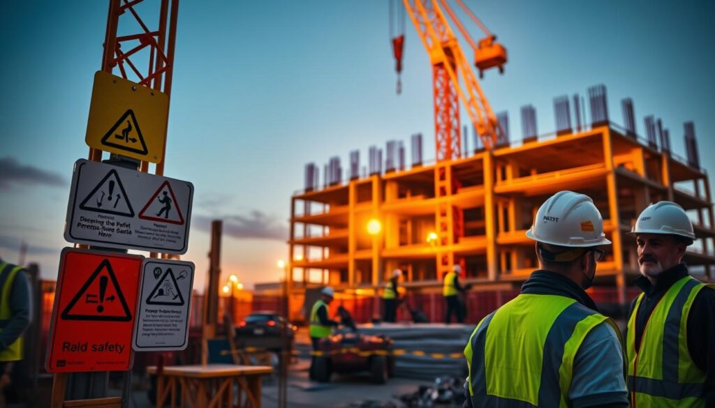 A construction site at dusk, with workers in high-visibility safety vests and hard hats, carefully following safety protocols. In the foreground, a detailed view of construction equipment and signage highlighting relevant safety regulations. In the middle ground, a crane lifts heavy materials, while workers use power tools with protective gear. The background features a partially completed building, bathed in warm, directional lighting that casts long shadows, emphasizing the importance of safety in the engineering process.