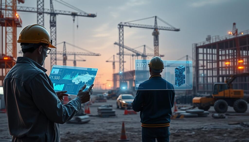 A construction site bustling with AI-powered machinery and analytics dashboards. In the foreground, a team of engineers poring over 3D holograms of the project, coordinating tasks and optimizing workflows. The middle ground features autonomous cranes and excavators, their movements guided by computer vision and predictive algorithms. In the background, a sprawling construction site with a towering skeletal frame, illuminated by warm, diffused lighting, symbolizing the integration of AI into the heart of civil engineering. A sense of efficiency, innovation, and technological advancement permeates the scene.