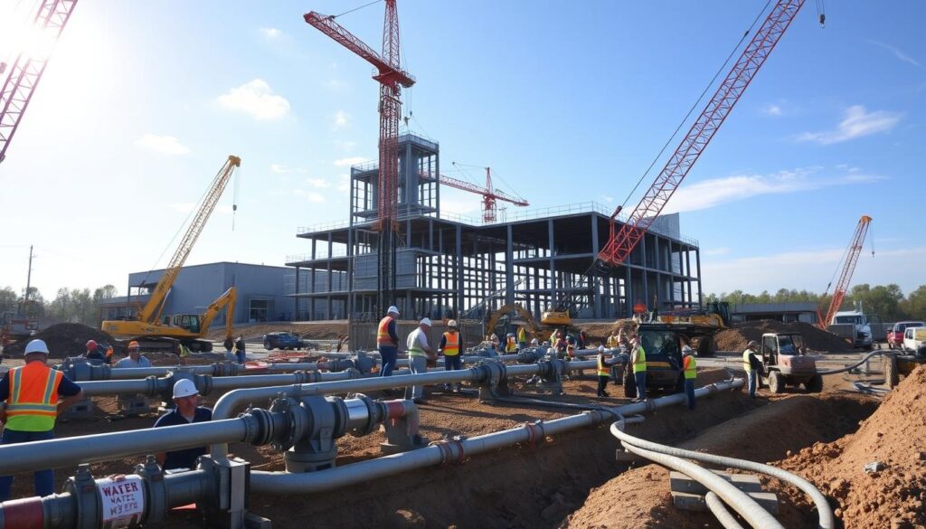 A construction site bustling with activity, cranes and heavy machinery lifting and moving materials. Workers in hardhats and reflective vests diligently laying pipes, connecting valves, and excavating trenches. In the background, a partially constructed water treatment plant, its modern architecture and steel structures rising against a bright, sun-dappled sky. The scene exudes a sense of progress and purpose, captured with a wide-angle lens to convey the scale and complexity of this water infrastructure project. The overall mood is one of efficiency, determination, and the promise of clean, accessible water for the community.