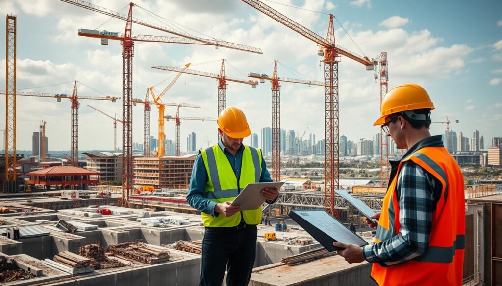 A construction site bustling with activity, cranes soaring overhead, workers in high-visibility vests inspecting blueprints and materials. In the foreground, a team of quality control engineers meticulously analyzing data on their laptops, ensuring every aspect of the project meets rigorous standards. The midground showcases the infrastructure taking shape, with concrete foundations and steel beams rising. In the background, the cityscape reflects the project's ultimate purpose - to improve the community's transportation, utilities, or public facilities. Diffused sunlight casts a warm, authoritative glow, conveying a sense of diligence and professionalism in the quality control process.