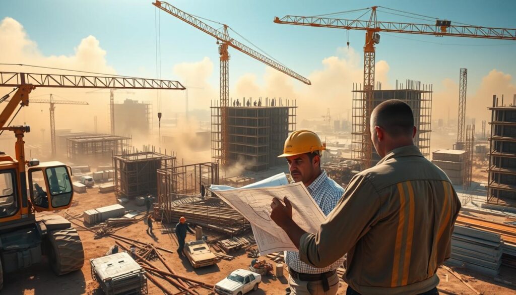 A construction site bustling with activity, machinery, and workers, all grappling with the challenges of project management. In the foreground, a crane operator struggles to coordinate the movement of heavy materials, while project managers huddle around a blueprint, brows furrowed in concentration. In the middle ground, workers navigate a maze of scaffolding, carefully navigating safety protocols. The background is a hazy mix of half-finished structures, dust, and the glare of the midday sun, creating a sense of the complexities and obstacles inherent in construction project management. The overall atmosphere conveys the tension and pressure of delivering a successful project on time and within budget.