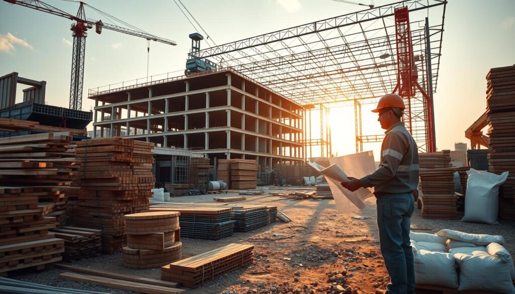 A construction site bustling with activity, materials scattered across the ground - stacks of wooden beams, piles of bricks, coils of metal rods, and bags of cement. In the foreground, a worker inspects a blueprint, contemplating the costs. The midground features a crane hoisting heavy machinery, while the background showcases the partially completed structure, its intricate framework hinting at the complexity of the project. Warm sunlight filters through the scene, casting long shadows and highlighting the textures of the materials. The overall atmosphere conveys the importance of careful cost estimation in civil engineering endeavors.