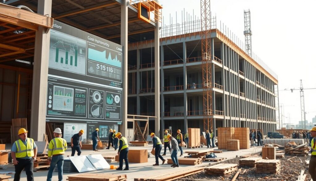 A construction site bustling with activity, showcasing the principles of lean construction. In the foreground, workers efficiently move materials and collaborate on a modular, streamlined project. The middle ground features digital displays and diagrams, highlighting the data-driven decision-making and continuous improvement processes that underpin lean methodology. In the background, a modern, minimalist building takes shape, its clean lines and sustainable design elements a testament to the efficiency and precision of lean construction. Soft, natural lighting illuminates the scene, creating a sense of order and progress. The overall atmosphere conveys a harmonious blend of human expertise and technological innovation, embodying the core tenets of lean construction.