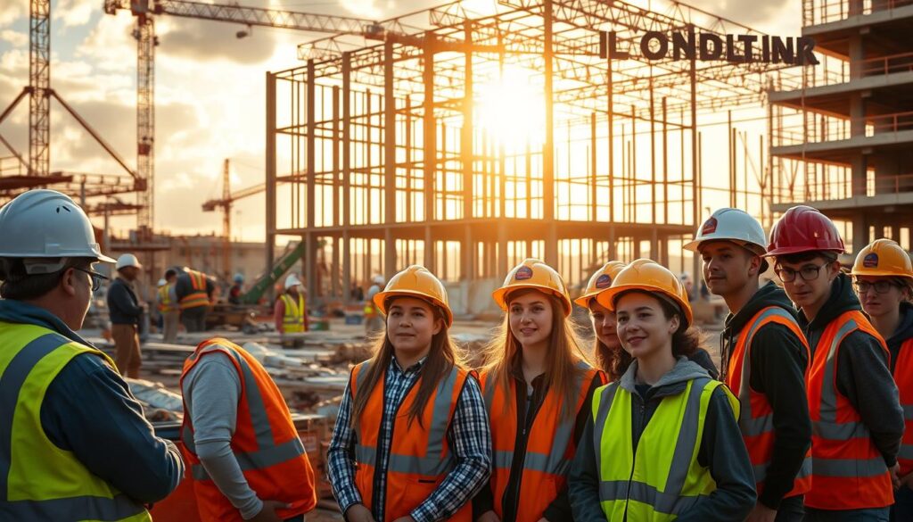 A construction site bustling with activity, workers in hardhats and safety vests collaborating on various projects. In the foreground, a group of young interns observing and learning, their faces filled with enthusiasm and determination. The middle ground showcases the intricate machinery and tools of the trade, while the background features the skeletal frame of a new building taking shape, bathed in warm, golden sunlight filtering through the clouds. The scene conveys a sense of progress, opportunity, and the valuable hands-on experience that a construction internship can provide.