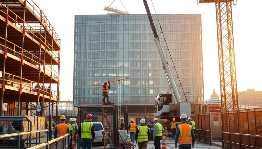 A construction site bustling with activity, workers in high-visibility vests and hard hats ensuring safety protocols are meticulously followed. In the foreground, a crane operator diligently maneuvers heavy equipment, its boom stretching skyward. Surrounding the site, a well-organized network of scaffolding, safety railings, and signage guides the flow of pedestrian and vehicular traffic. The scene is bathed in warm, diffused sunlight, casting a soft glow on the scene and emphasizing the importance of visibility and illumination for safe operations. In the background, a modern, glass-fronted office building serves as a testament to the integration of engineering expertise that enables both structural integrity and worker protection.