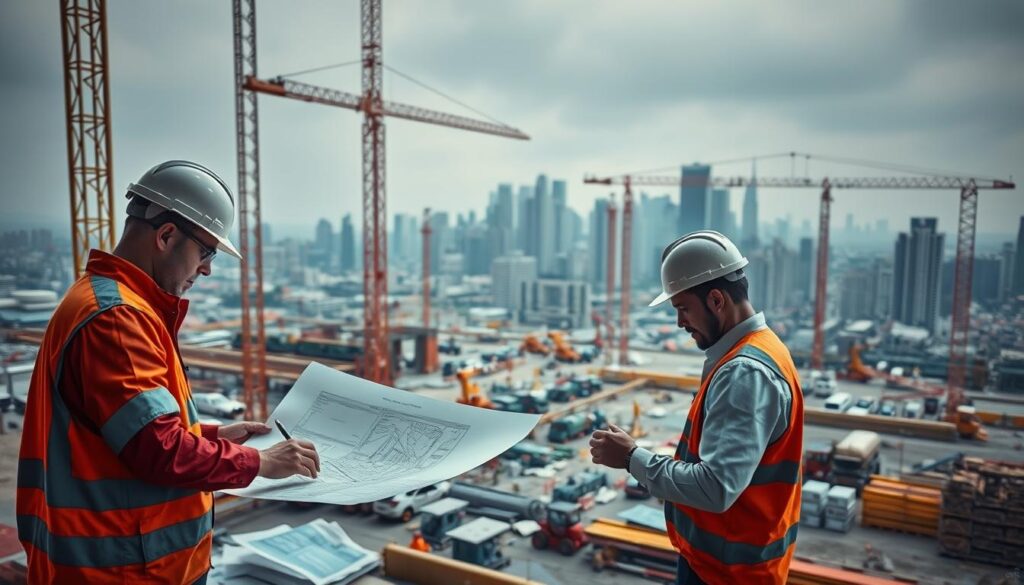 A construction site filled with precision and diligence. In the foreground, a team of civil engineers carefully inspecting blueprints and measurements, ensuring quality control at every step. The middle ground showcases various construction equipment and materials, meticulously organized and maintained. In the background, a sprawling cityscape with towering skyscrapers, a testament to the importance of rigorous planning and execution in civil engineering projects. Soft, diffused lighting illuminates the scene, creating a sense of professionalism and attention to detail. The overall atmosphere conveys the critical role of quality control in delivering safe, reliable, and visually appealing infrastructure.