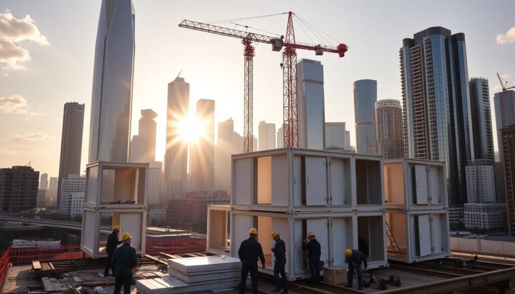A construction site in a bustling urban landscape, the sun's rays casting long shadows across the partially assembled modular units. In the foreground, a team of workers grapple with the challenges of aligning the prefabricated components, their expressions focused as they carefully maneuver the intricate pieces. In the middle ground, a tower crane stands tall, its arm extended, guiding the placement of the next module. The background is a symphony of towering skyscrapers, their glass facades glinting in the sunlight, a testament to the rapid growth of the city. The scene conveys the complexities of modular construction, where precision, coordination, and problem-solving are key to overcoming the unique challenges of this innovative building approach.