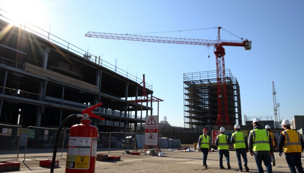 A construction site in the afternoon sun, workers in high-visibility vests and hard hats moving with purpose. In the foreground, a first aid kit and fire extinguisher stand ready, a clear visual cue for safety protocols. In the middle ground, signage outlines emergency procedures and hazard warnings, while a large industrial crane looms overhead, its long arm casting dramatic shadows. The background features scaffolding, piles of building materials, and the skeletal frame of a new structure taking shape, conveying a sense of progress and industrious activity tempered by the need for vigilance and caution.