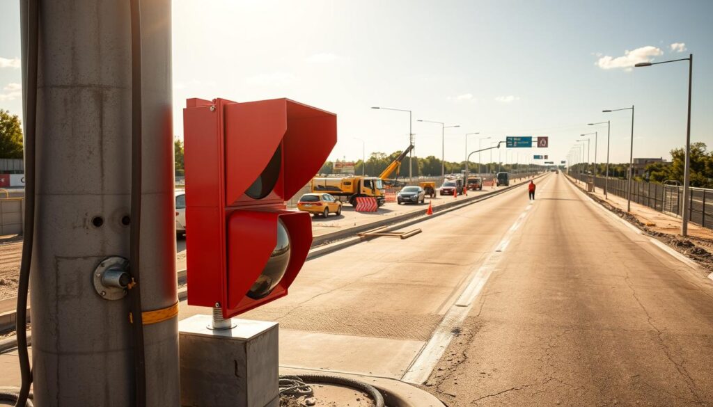 A construction site on a sunny day, the foreground featuring workers meticulously installing a new traffic signal, its sleek modern design and bright red casing standing out against the grey concrete. In the middle ground, construction vehicles and equipment are neatly organized, while in the background, a newly paved road stretches out, lined with freshly painted white markings. The scene is illuminated by warm, natural lighting, captured with a wide-angle lens to convey a sense of scale and grandeur. The overall atmosphere is one of productivity, progress, and the precise execution of a well-planned road construction project.