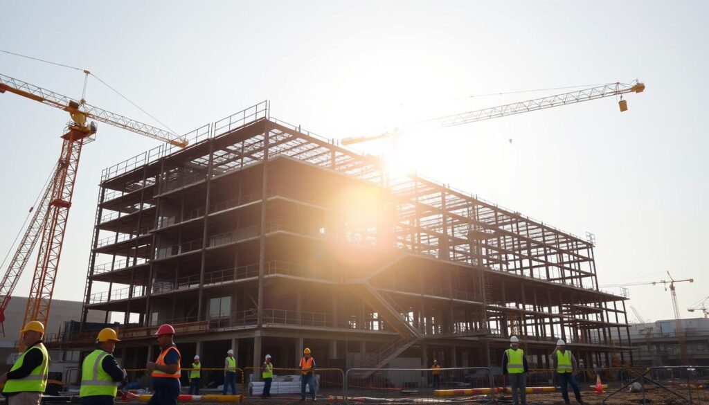 A construction site under a bright, warm sun. In the foreground, workers in high-visibility vests and hard hats diligently perform their tasks, adhering to rigorous safety protocols. In the middle ground, cranes and heavy machinery operate with precision, their movements choreographed to minimize risk. The background features a partially completed structure, its skeletal frame rising skyward, surrounded by scaffolding and safety barriers. The atmosphere is one of controlled chaos, where attention to detail and safety is paramount, capturing the essence of modern construction methods.