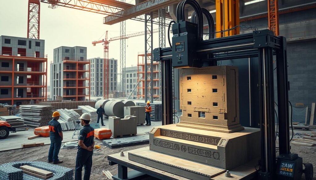 A construction site with a massive 3D printer in the foreground, meticulously crafting a large-scale concrete structure. In the middle ground, workers monitor the printing process, marveling at the precision and speed. The background showcases partially completed buildings, demonstrating the integration of 3D printing into the construction workflow. Warm, directional lighting accentuates the textures of the materials, creating a sense of technological sophistication. The scene conveys the efficiency, cost-effectiveness, and streamlined nature of 3D printing in transforming the construction industry.