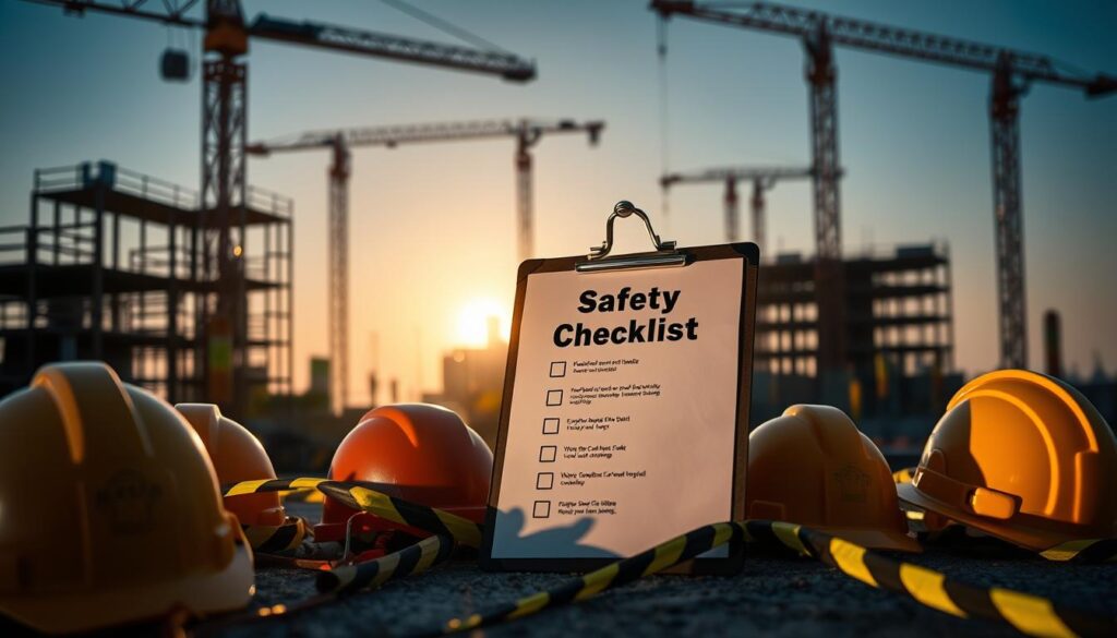 A construction site with a prominent "Safety Checklist" prominently displayed on a clipboard, surrounded by various safety equipment such as hard hats, safety vests, and caution tape. The scene is illuminated by warm, natural lighting, casting long shadows across the site. In the background, partially obscured, are the silhouettes of cranes, scaffolding, and ongoing construction work, emphasizing the importance of adhering to safety protocols. The overall mood is one of diligence and vigilance, underscoring the critical role of daily safety inspections and checklists in maintaining a secure work environment.