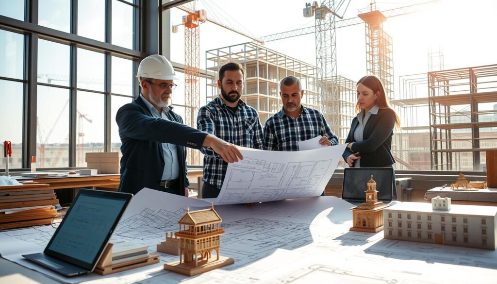 A construction site with precise blueprints, architectural models, and engineers collaborating intently. Sunlight streams in from large windows, casting warm shadows on the detailed scale models and laptop screens displaying complex calculations. In the foreground, a senior engineer points to a set of plans, explaining budgetary considerations and timeline projections to a team of junior colleagues. The background features cranes, scaffolding, and the skeletal frame of an emerging high-rise, conveying the scale and complexity of the project. The atmosphere is one of focused professionalism, with an emphasis on the importance of meticulous planning and accurate estimation for the successful execution of the construction endeavor.