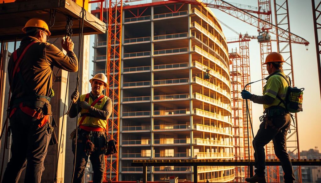 A construction site with workers implementing fall protection systems. In the foreground, two workers securely attach harnesses and lanyards to elevated platforms. In the middle ground, a worker operates a crane, carefully maneuvering materials. In the background, a multi-story building under construction, with scaffolding and safety nets in place. Warm, natural lighting illuminates the scene, casting shadows that emphasize the height and depth. The atmosphere conveys a sense of diligence and vigilance, with safety protocols visibly implemented throughout the site.