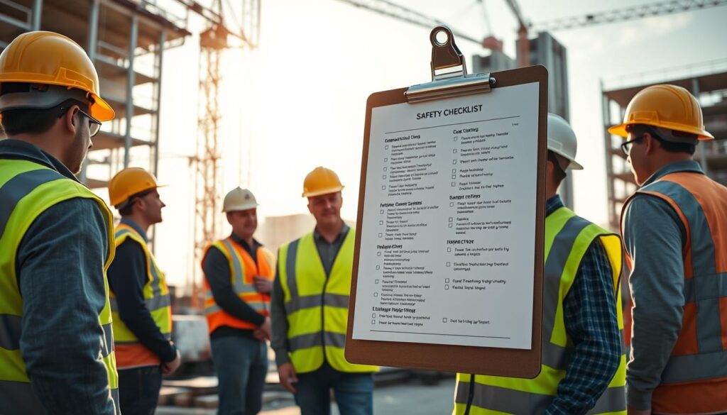 A construction site with workers in high-visibility vests and hard hats standing around a large, laminated safety checklist mounted on a sturdy metal clipboard. The checklist is clearly visible, with various safety items and inspection points listed in bold text. The site is well-lit, with a warm, golden hue from the sun filtering through the construction framework. In the background, cranes, scaffolding, and partially completed buildings hint at the ongoing progress of the project. The overall atmosphere conveys a sense of diligence, organization, and a commitment to workplace safety.