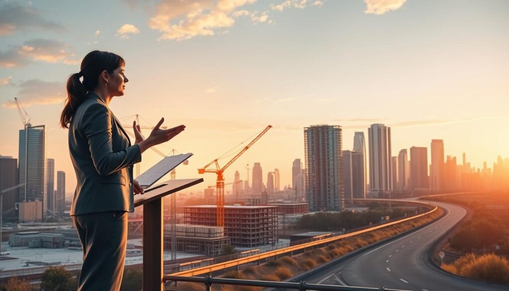 A consulting engineer's career path unfolds against a backdrop of a modern city skyline, illuminated by warm, golden lighting. In the foreground, a professional stands at a podium, gesturing animatedly as they present their findings to a group of attentive stakeholders. The middle ground showcases a bustling construction site, where cranes and scaffolding rise up, symbolizing the engineer's integral role in shaping the built environment. In the distance, a winding road leads to a horizon filled with towering skyscrapers, hinting at the boundless opportunities for growth and advancement within the consulting engineering field.