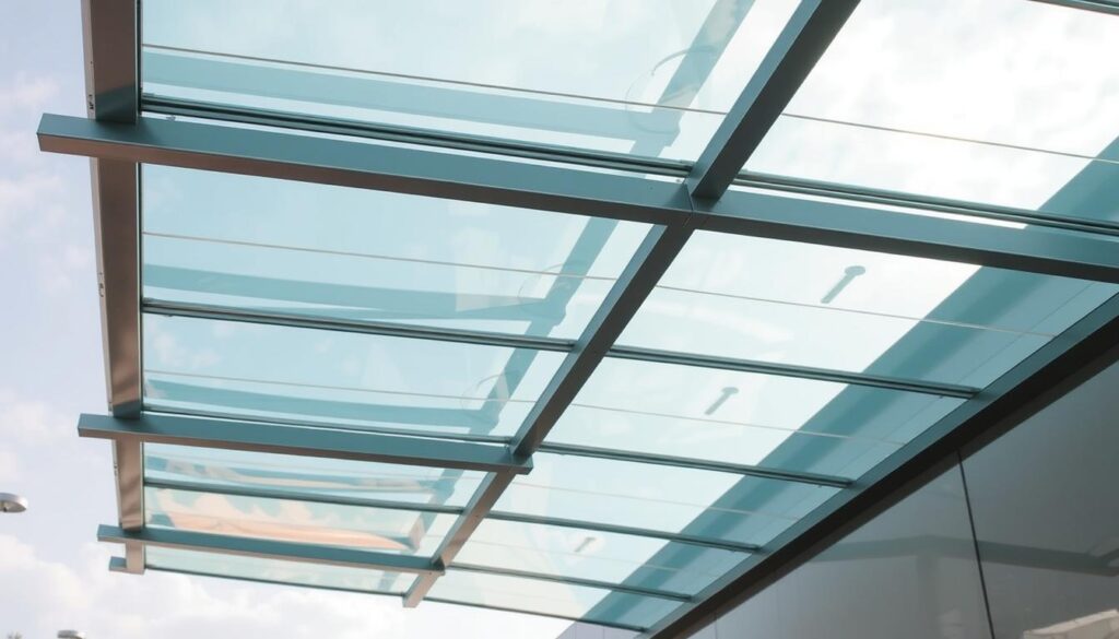A contemporary glass canopy installation rises gracefully, its sleek, transparent panels reflecting the surrounding environment. Carefully engineered supports hold the structure aloft, creating a captivating interplay of light and shadow. The canopy casts a soft, diffused glow, illuminating the space below with a warm, inviting ambiance. Architectural details, such as metal joints and frameless glass edges, are precisely designed to blend seamlessly, showcasing the elegant integration of form and function. The scene exudes a sense of modern sophistication, highlighting the crucial role of engineering in elevating the design of outdoor spaces.