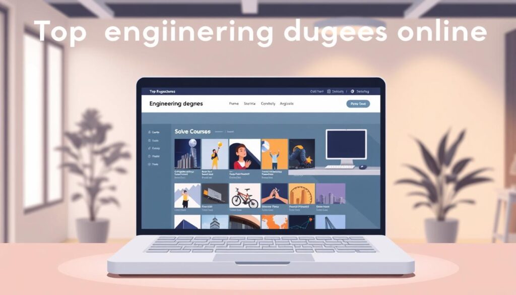 A contemporary, minimalist illustration of "top engineering degrees online" showcasing a clean, responsive web interface. In the foreground, a laptop screen displays a grid of course thumbnails highlighting a variety of online engineering programs, with subtle shadows and highlights enhancing the depth. The middle ground features a sleek, floating desktop setup with a mouse, keyboard, and additional devices, all in a muted color palette. The background depicts a softly blurred, modern office environment with subtle plant life and indirect, warm lighting, creating a productive, professional atmosphere.
