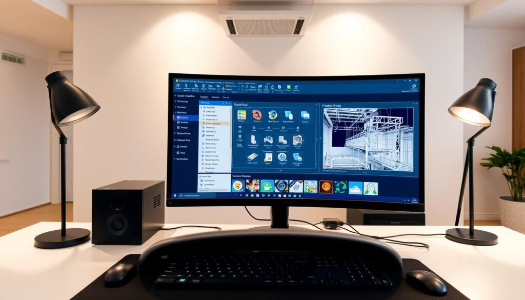A contemporary office workspace with a large computer monitor displaying the STAAD Pro software interface. The foreground showcases a clean, organized desk setup with a mouse, keyboard, and a stylish lamp. The middle ground features the monitor, angled to provide a clear view of the STAAD Pro project setup screen, which displays various structural engineering tools and options. The background is a minimalist, well-lit environment with neutral-toned walls, evoking a professional, productivity-focused atmosphere. The lighting is natural, with subtle warm tones, and the camera angle is slightly elevated to capture the setup in a comprehensive, visually appealing manner.