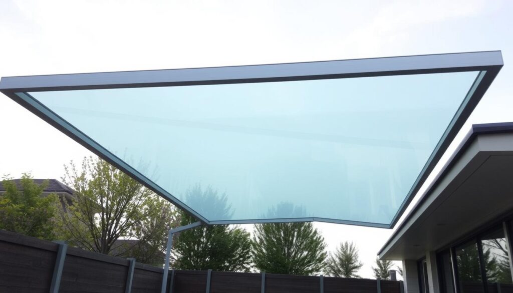 A contemporary, sleek glass canopy installation with a minimalist, architectural design. The canopy features a geometric, angular structure made of thick, tempered glass panels supported by slim, brushed metal frames. Soft, diffused natural light filters through the glass, creating a warm, inviting ambiance. The canopy is positioned over a paved outdoor living area, seamlessly blending the indoor and outdoor spaces. The scene conveys a sense of modern elegance and functionality, elevating the overall aesthetic of the outdoor space.