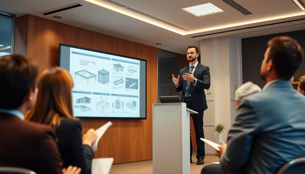 A corporate engineer in a formal suit stands at a podium, delivering a presentation to a roomful of colleagues. The scene is captured in a warm, well-lit studio, with a backdrop of sleek, modern office interiors. The engineer's posture is confident, their gestures deliberate, as they explain technical schematics and design plans projected on a screen behind them. The audience listens intently, some taking notes, others nodding in understanding. The overall atmosphere conveys the role of the corporate engineer as a respected authority, tasked with translating complex technical knowledge into actionable business strategies.