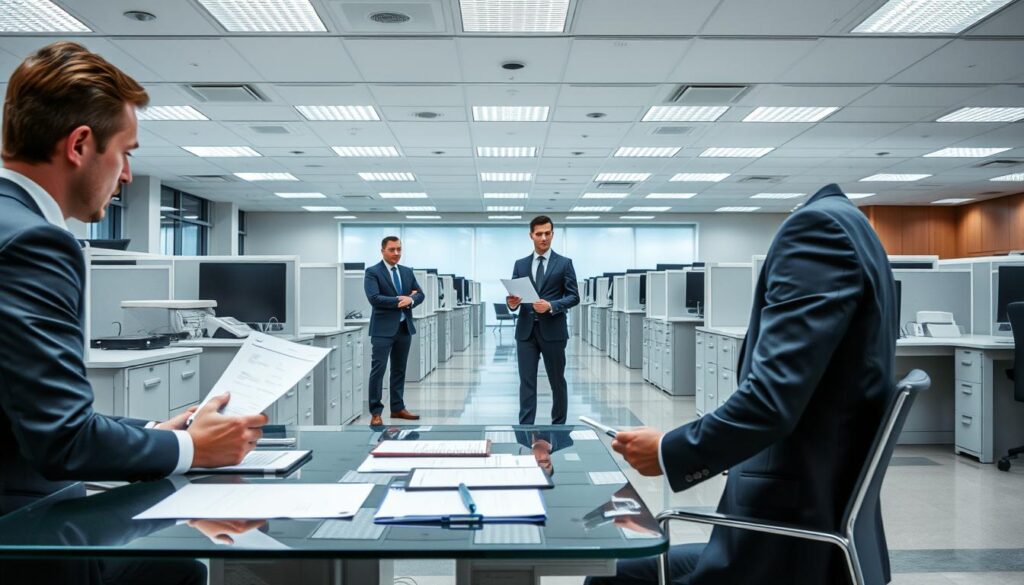 A corporate office interior with a formal, professional atmosphere. In the foreground, a well-dressed executive reviews documents at a sleek glass desk. In the middle ground, a graduate engineer stands before a panel of interviewers, dressed in a crisp suit and presenting a project proposal. The background features rows of cubicles, filing cabinets, and high-tech computer equipment, conveying the structured, hierarchical nature of the corporate world. The lighting is cool and even, with clean lines and modern design elements. Subtle visual cues highlight the differences in the registration processes, the formality of the corporate setting versus the more dynamic, interactive nature of the graduate engineer's evaluation.