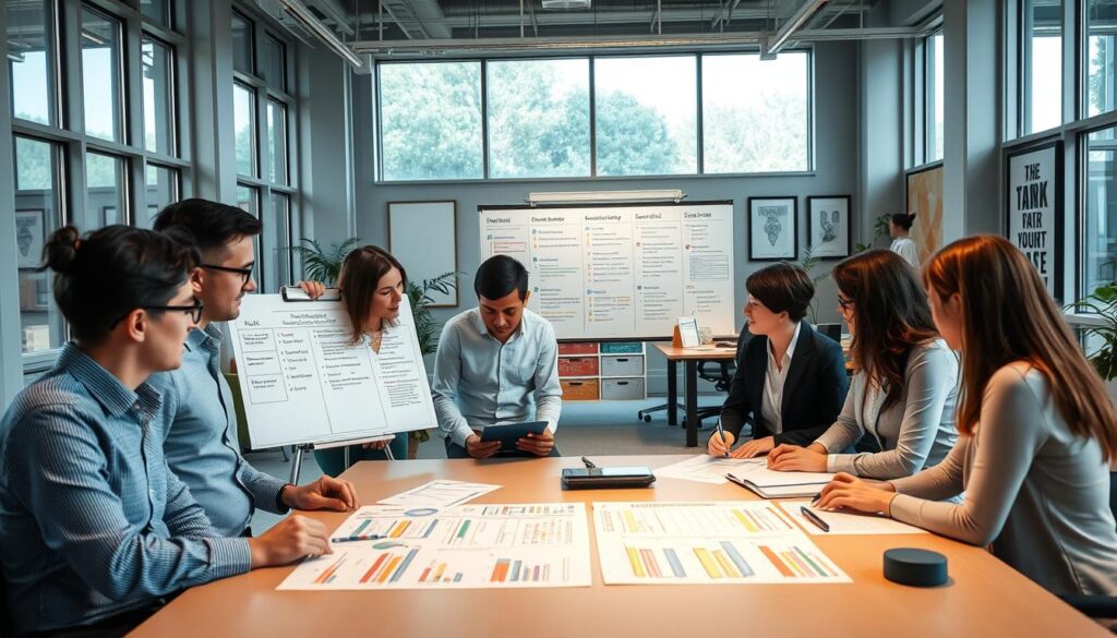 A corporate office workspace flooded with natural light through large windows. In the foreground, a team of project managers gathered around a table, intently discussing risk assessment charts, probability matrices, and mitigation strategies. In the middle ground, a whiteboard displays a detailed risk management plan, with color-coded risk categories and assigned action items. The background features an array of productivity tools, ergonomic furniture, and framed motivational art, conveying a professional, focused atmosphere. The lighting is soft and diffused, creating a sense of calm contemplation as the team collaborates on identifying, analyzing, and addressing potential project risks.